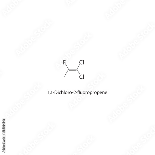 1,1-Dichloro-2-fluoropropene skeletal structure. halogen alkene compound schematic illustration. Simple diagram, chemical formula.