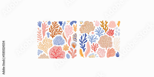 Print   Cartoon seaweed, algae, coral reef, botanical vector illustration element set for design. Different types of exotic underwater ocean sea flora, marine, aquatic funky groovy plants sticker coll