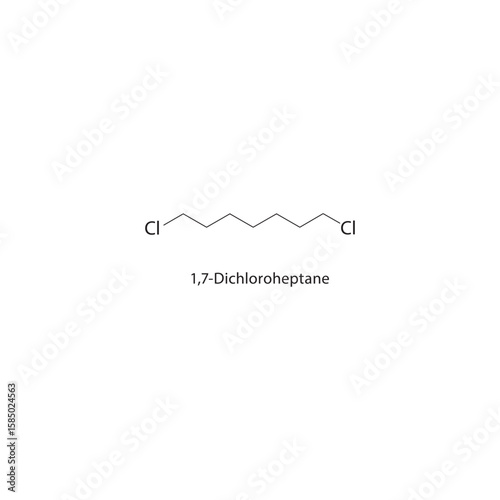 1,7-Dichloroheptane skeletal structure. halogen alkane compound schematic illustration. Simple diagram, chemical formula.