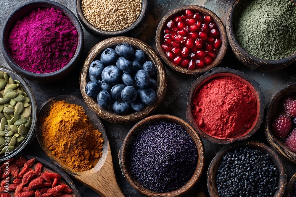 Fototapeta premium A vibrant assortment of superfoods laid out on a table, showcasing nutrient-dense options for maintaining a healthy, energetic lifestyle.
