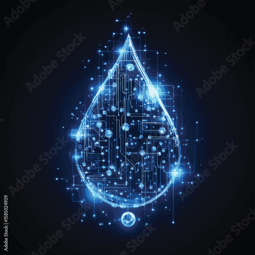 Smart water technology with glowing water drop and digital circuit board, vector illustration, vector style simple color