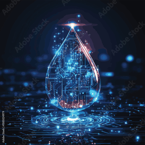 Smart water technology with glowing water drop and digital circuit board, vector illustration, vector style simple color