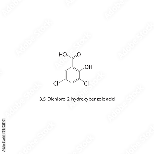 3,5-Dichloro-2-hydroxybenzoic acid skeletal structure. halogen acid compound schematic illustration. Simple diagram, chemical formula.