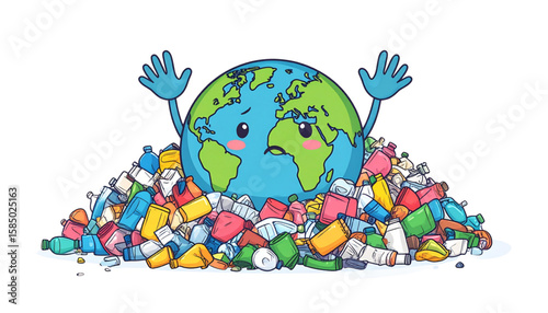 Cartoon Earth with sad expression buried in a pile of colorful plastic waste.