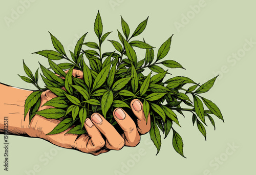 Hand holding fresh green plants against a light green background  