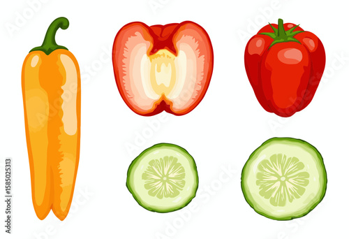 Colorful vegetables including bell pepper, cucumber, and lime slices  