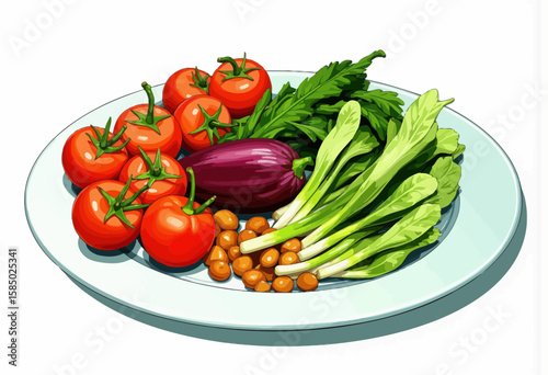 Fresh vegetables on a plate including tomatoes, lettuce, and eggplant  
