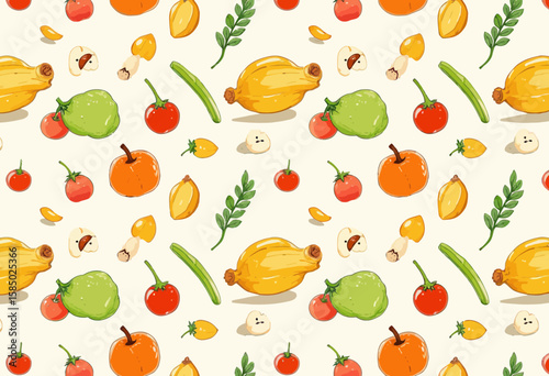 Colorful vegetable and fruit pattern on light background  