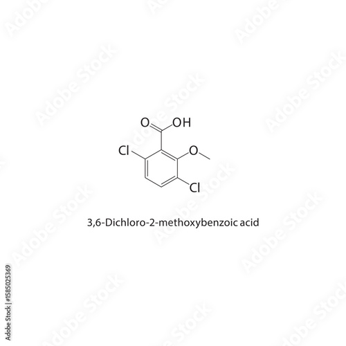 3,6-Dichloro-2-methoxybenzoic acid skeletal structure. halogen acid compound schematic illustration. Simple diagram, chemical formula.