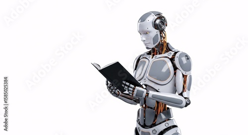 A humanoid robot with visible wiring reading a black book against a plain white background in studio shot