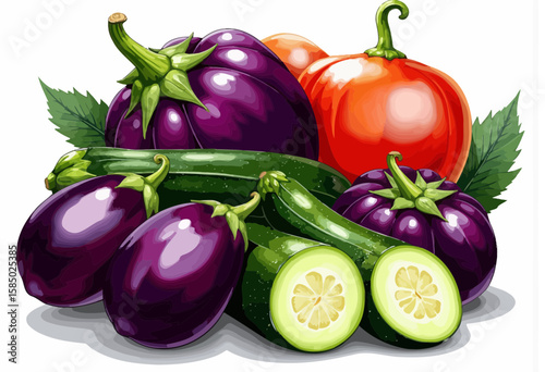 Colorful vegetables including eggplants, zucchini, and tomatoes  