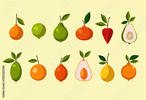 Colorful illustrated fruits on light yellow background  