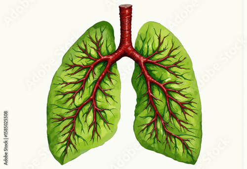 Lungs illustrated with green leaves and red veins in botanical style  