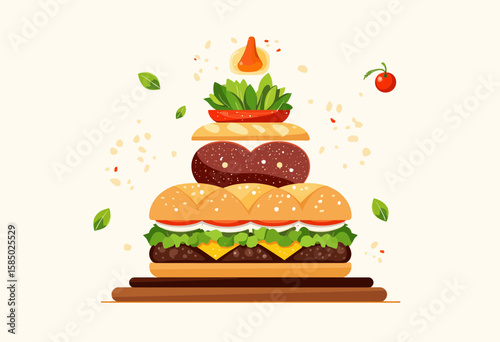 Colorful stacked hamburger with vegetables and toppings on a wooden board  