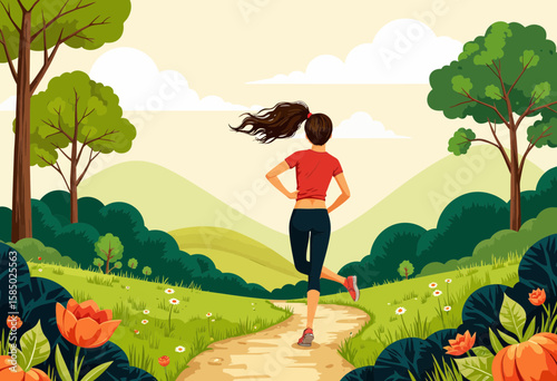 Young woman jogging on path through lush green park in spring  