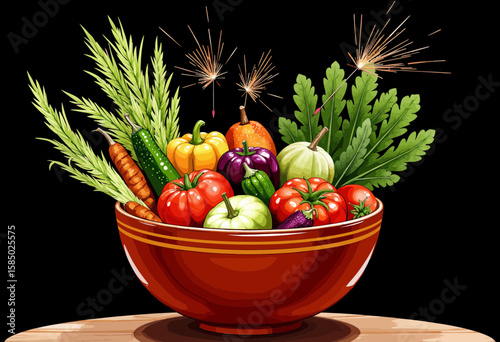 Vibrant bowl of fresh vegetables with sparklers on black background  