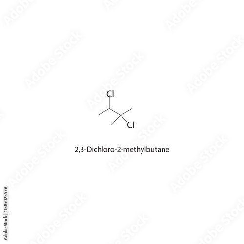2,3-Dichloro-2-methylbutane skeletal structure. halogen alkane compound schematic illustration. Simple diagram, chemical formula.