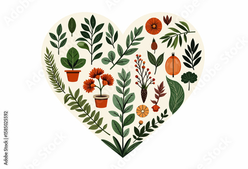 Heart-shaped arrangement of leaves and plants in vibrant colors  