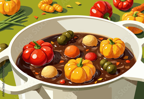 Colorful vegetable stew with tomatoes and herbs in a white pot  