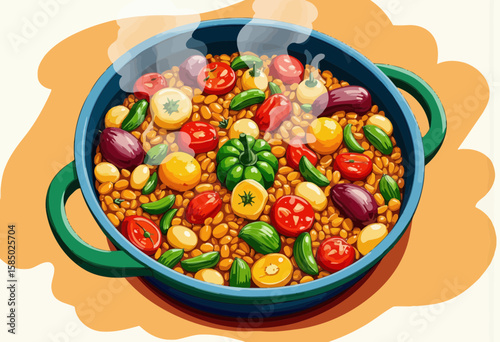 Colorful vegetable stew with beans steaming in blue pot  