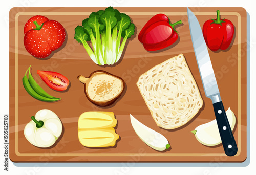 Colorful vegetables and bread arranged on a wooden cutting board  