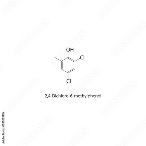2,4-Dichloro-6-methylphenol skeletal structure. halogen phenol compound schematic illustration. Simple diagram, chemical formula.