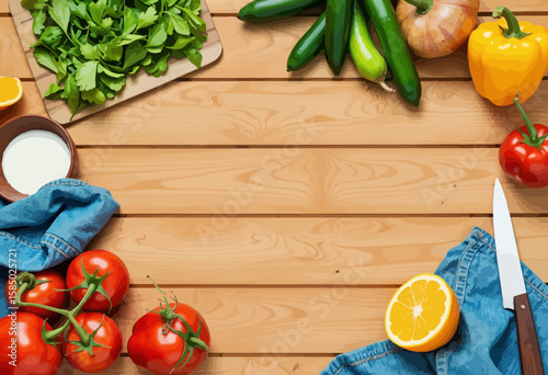 Fresh vegetables and fruits arranged on wooden kitchen table  