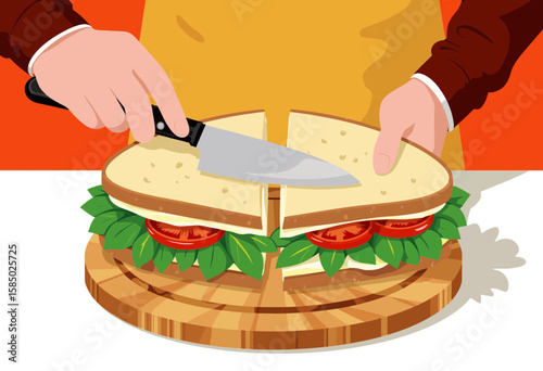 Person slicing sandwich with knife on wooden cutting board  