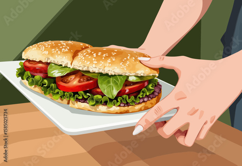 Person holding a fresh sandwich with vegetables on a plate  