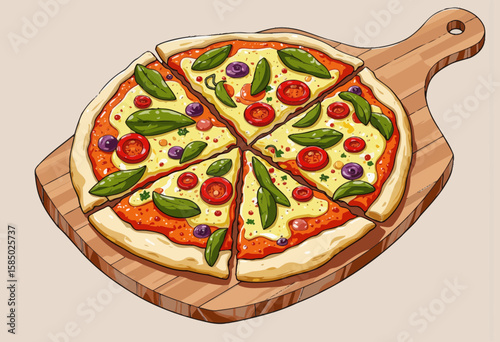 Illustrative pizza with tomato, basil, and olives on wooden board  