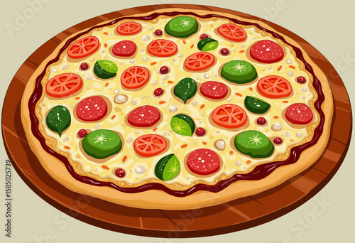 Pizza topped with tomatoes and green peppers on wooden board  