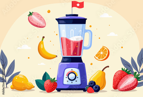 Smoothie blender with fruits and juice in colorful design  