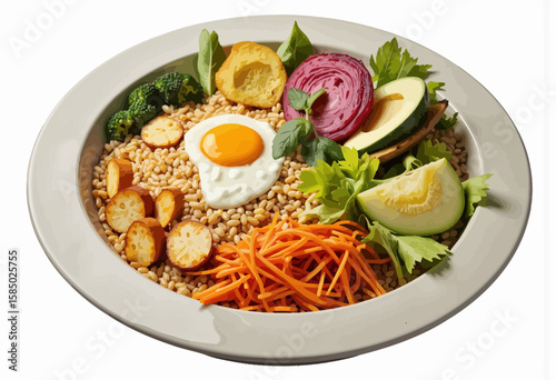 Healthy grain bowl with vegetables, egg, and fresh greens  
