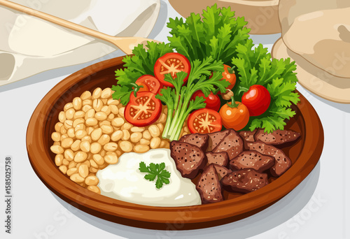 Traditional plate of hummus with vegetables and grilled meat  
