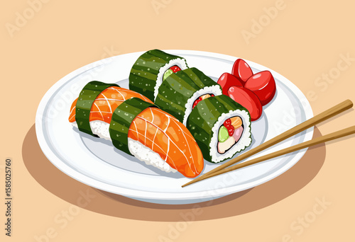 Colorful sushi rolls with salmon and vegetables on a white plate  