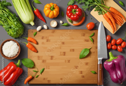 Fresh vegetables and ingredients arranged on wooden cutting board  