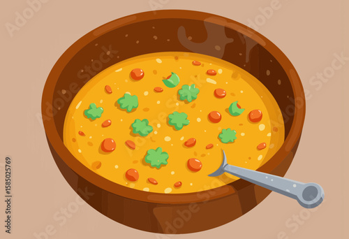 Colorful vegetable soup in a wooden bowl with green herbs  