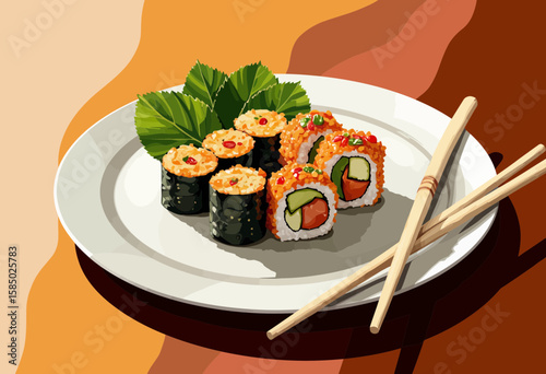 Sushi rolls served on a plate with chopsticks and green leaves  