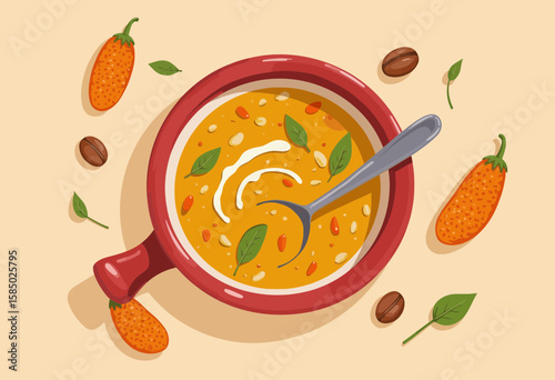Colorful bowl of soup with spoon, garnished with herbs and spices  