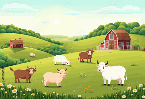 Cows grazing in a sunny farm landscape with barn and hills  