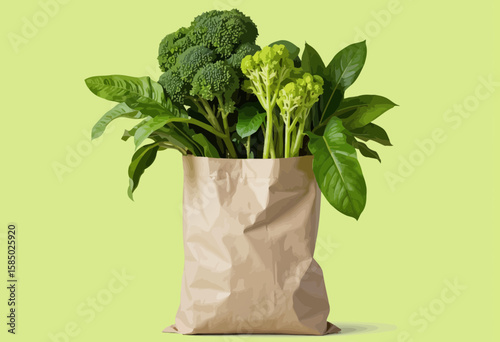 Fresh green vegetables in a brown paper bag on green background  