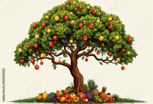 Colorful apple tree with fruits on a light background  