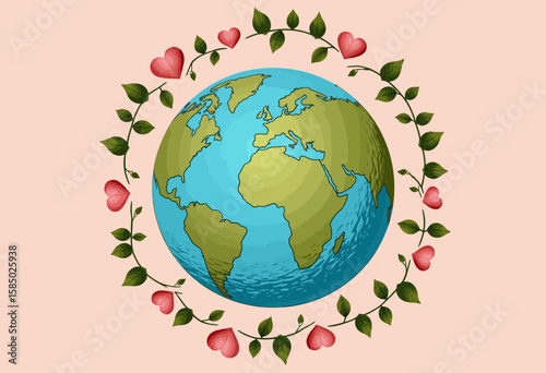 Earth globe surrounded by hearts and leaves on pastel background  