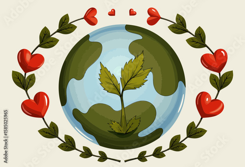 Earth globe with growing plant and hearts in circular frame  