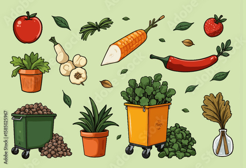 Assorted vegetables and gardening supplies illustrated on green background  