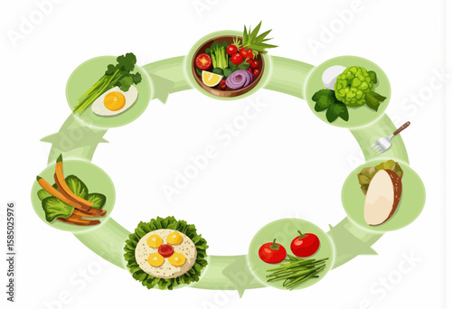Circular diagram of fresh ingredients for healthy recipes  