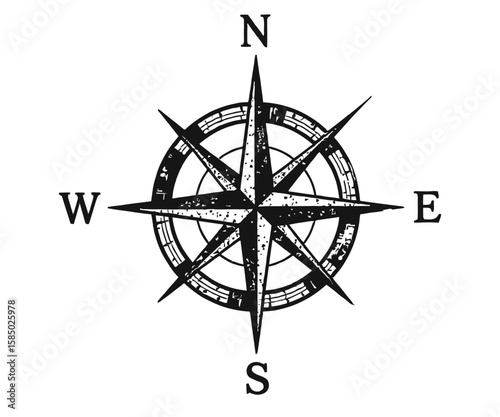 Vintage Compass Rose with North South East and West Markings in Black