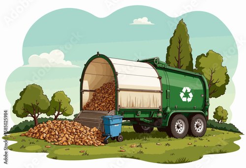 Recycling truck emptying waste in a green park with trees  