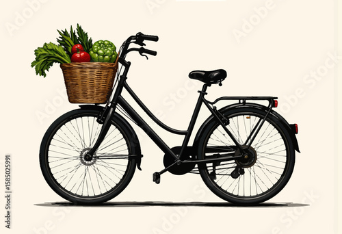 Black bicycle with wicker basket filled with fresh vegetables  