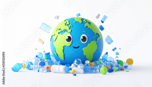 A smiling Earth globe surrounded by plastic waste, illustrating pollution concerns.